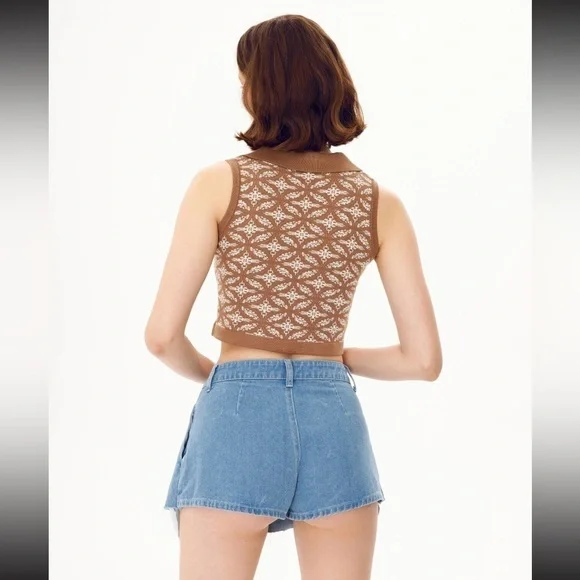 Johnny polo collar v-neck sleeveless Cropped jacquard knit sweater vest size L - Picture 3 of 10